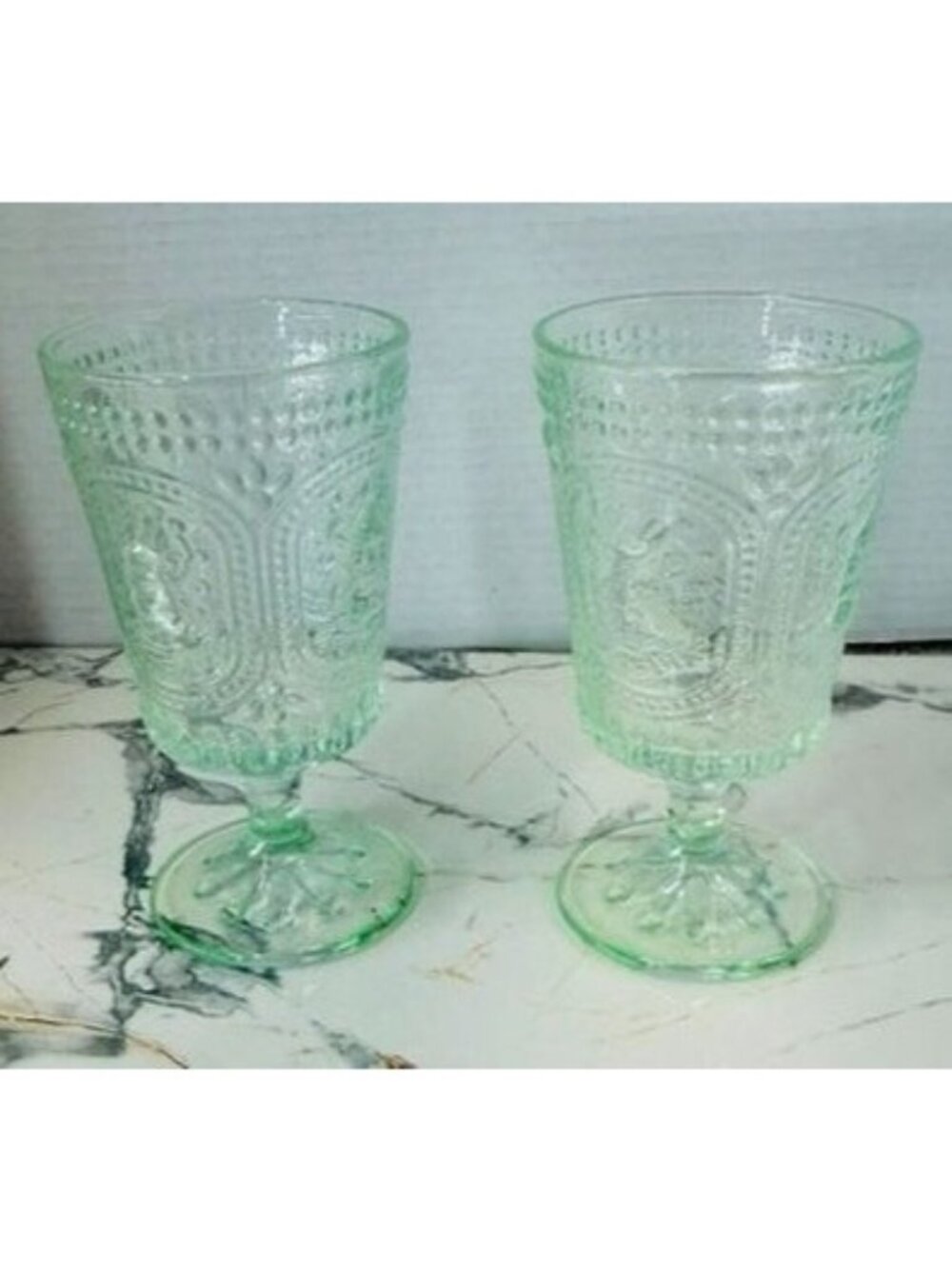 Pair of mint green glass springtime goblets, Easter, rabbits, farmhouse